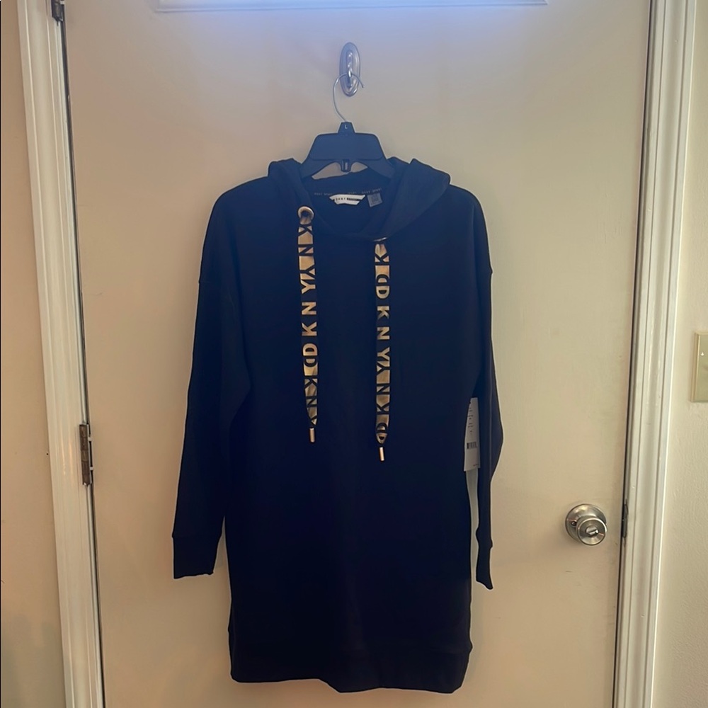 DKNY Black Hoodie Dress with Gold Accents